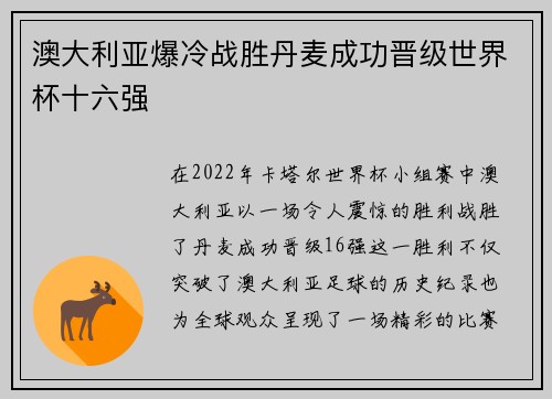 澳大利亚爆冷战胜丹麦成功晋级世界杯十六强