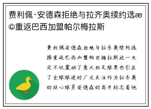 费利佩·安德森拒绝与拉齐奥续约选择重返巴西加盟帕尔梅拉斯